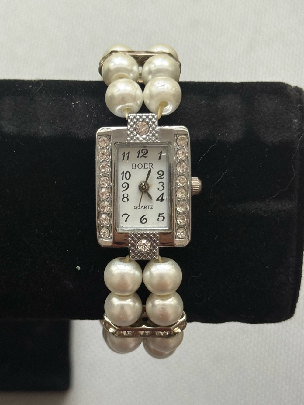 Boer Pearl and Crystal Stretch Bracelet Watch